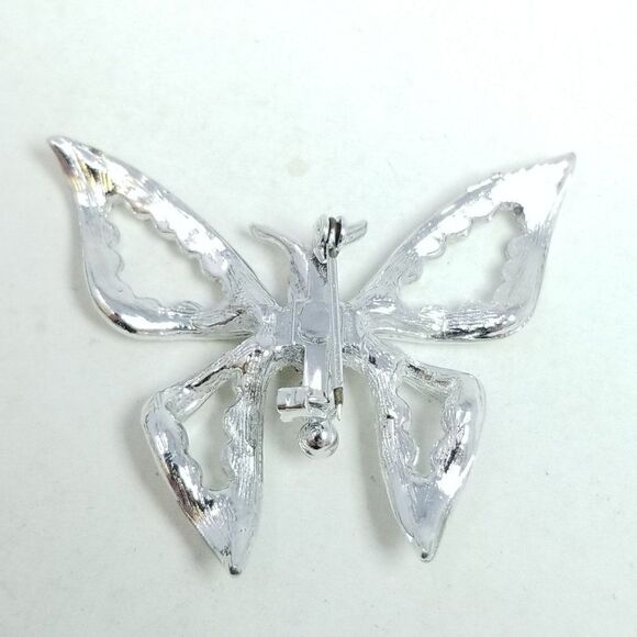 Vintage Rhinestone Butterfly Brooch, Silver Tone Red Eyes Estate, Missing Stones - Picture 3 of 5